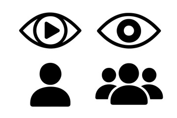 Views icon set. Eye with play button for video streaming and viewer count. User, audience, and spectator symbols. Social media engagement metrics. Vector glyph collection.