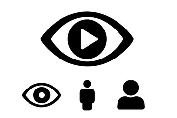 Views icon with video play button in eye symbol. Viewer, spectator, and user icon set for online content, streaming media metric, and audience engagement. Vector illustration.