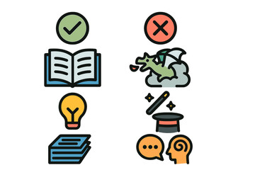 Facts vs myths concept. True and false information. Reality check illustration. Evidence, science, knowledge versus fantasy, magic, rumor. Correct and incorrect choice icon set.