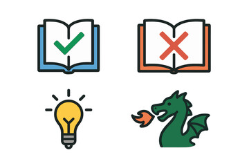 Facts vs myths vector icon set. True and false information concept. Fact-checking, disinformation, and fake news metaphor. Knowledge, idea, and fantasy symbols illustration.