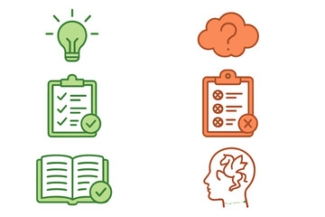 Facts vs myths icon set. True and false information comparison. Knowledge, evidence and research vs belief, imagination and misinformation. Checkmark and cross symbols. Vector.