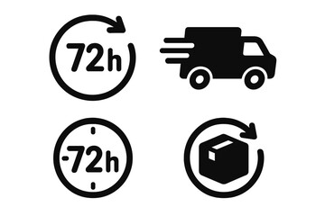 72 hours delivery icon set. Fast shipping service symbol. Express logistic truck and package sign. 3 days courier service concept for e-commerce. Vector illustration.