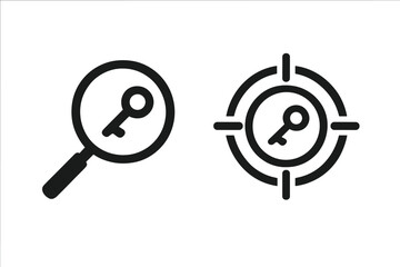 Keyword research icon set. Finding key with magnifying glass. Targeting keyword concept. SEO marketing symbol. Solution, success, and goal vector illustration collection.