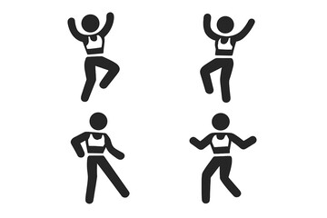 Set of aerobics and dancing sport icons. Woman doing fitness exercise, workout, and zumba. Vector pictograms of a girl in motion. Healthy lifestyle and gymnastics concept.