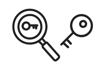 Keyword research icon for SEO. Finding key with magnifying glass. Search for solution, opportunity and success. Targeting and analysis symbol for marketing and business strategy.