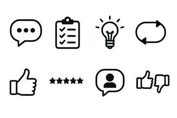 Customer review and feedback line icon set. Vector icons for survey, rating, opinion, comment, idea, and user experience. Business service quality and satisfaction symbols.