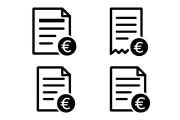 Invoice document icon vector set. Euro sign for business finance. Payment, billing and receipt symbol collection. Financial report or contract with money currency concept.