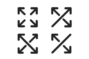 Full screen and exit full screen icon set. Vector collection of maximize, minimize, expand, and collapse arrow symbols. UI elements for web, app, and video player interface.