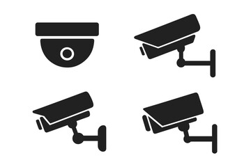 CCTV camera vector icon set. Security cam silhouette collection for safety and protection. Video surveillance equipment for monitoring. Private property security symbol.