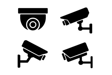 CCTV camera icon set. Security cam silhouette collection. Video surveillance system symbol. Safety observation equipment. Protection, monitoring, and privacy pictogram design.