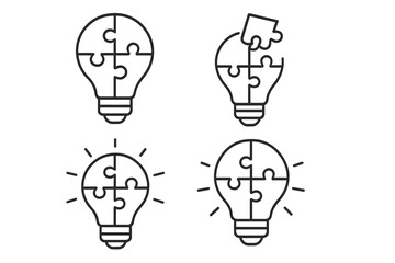 Jigsaw puzzle light bulb icon set. Creative idea, innovation, problem solving, solution concept. Teamwork, strategy, thinking metaphor. Vector line art illustration isolated.