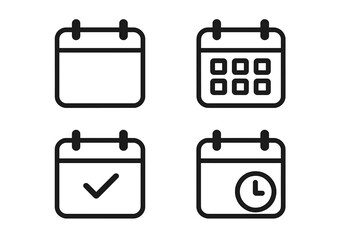 Calendar vector icon set. Simple linear pictogram collection. Agenda, schedule, date, appointment symbol. Time management, reminder, deadline concepts with clock and checkmark.