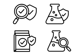 Lab tested vector icon set. Product quality control, proven by laboratory research. Certified and approved sign. Chemical analysis, science verification and quality assurance.