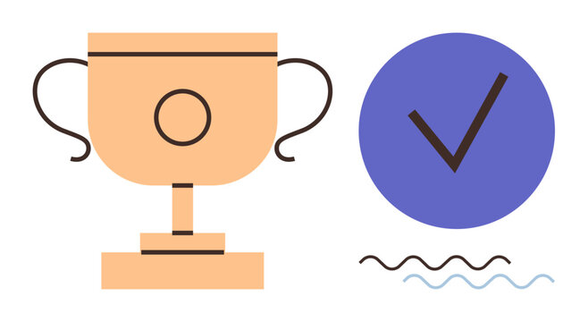 Golden trophy with a blue checkmark and wavy underline. Ideal for success, accomplishment, recognition, goal completion, quality assurance, validation, and rewards. A simple flat metaphor