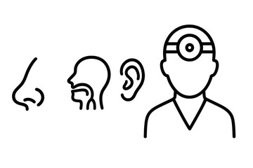 Otolaryngology icons vector set with nose, throat, ear symbols and ENT doctor illustration, ORL healthcare concept for medical and ear nose throat specialists, transparent background
