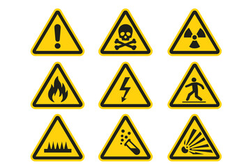 Hazard warning signs vector icon set. Collection of danger symbols. Toxic, poison, high voltage, flammable, radiation, explosion and trip hazard. Safety alert triangle signs.