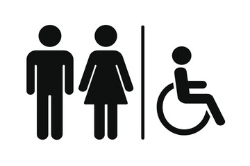 Restroom sign vector icon set. Male, female, and handicap toilet symbols. Man, woman, and disabled person pictogram for public WC. Accessible washroom silhouette collection.