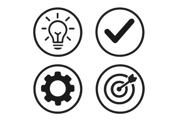 Business process and workflow icon set. Vector icons for idea, development, mission, and success. Lightbulb, gear, checkmark, and target symbols for project management.