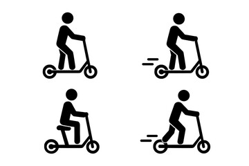 Man riding electric scooter icon set, e-scooter vector illustration with riding and motion effects, commuting and eco-friendly transport symbols, urban mobility concept