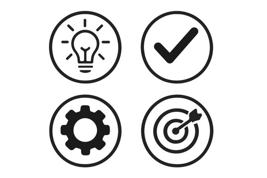 Business process and workflow icon set. Vector icons for idea, development, mission, and success. Lightbulb, gear, checkmark, and target symbols for project management.