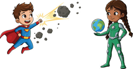 Cartoon superhero kids with Earth, flying boy hero illustration, girl globe protector, cosmic action artwork, environmental guardian mascot, children superhero design