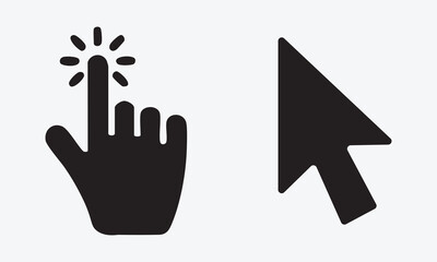 Set of Hand and Mouse Cursor Icons , Arrow, Pointer, Click, Tap, Drag in Silhouette Vector on White Background