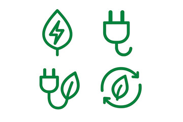 Renewable green energy icons set with leaf and electrical plug symbols, sustainable power concept, eco-friendly energy saving, electric charge, and recycling vector illustration