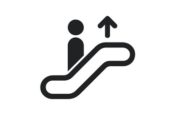 Escalator up icon with person and arrow. Public wayfinding sign for mall or airport. Moving staircase symbol. Metaphor for progress, career growth, or moving up. Vector.