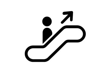 Escalator up icon with person and arrow. Moving staircase sign for public transport. Vector symbol for airport or mall. Metaphor for success, career growth, and progress.
