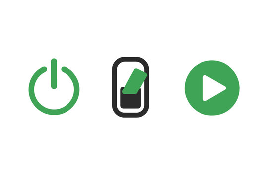 Green power button, turn on switch, start icon vector set with transparent background, modern user interface design elements for technology and electronics