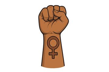 Raised female fist with gender symbol. Woman power, girl power. Symbol of protest, freedom, liberty, activism. Feminism and equality concept. Women's rights movement. Vector.