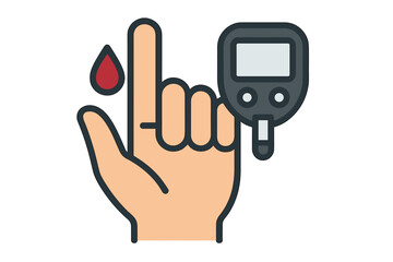 Diabetes blood sugar test icon with glucometer. Finger prick with blood drop for glucose level measurement. Medical analysis vector illustration for diabetic care and health monitoring.