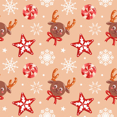 A festive chocolate candy shaped like a reindeer face with pretzel antlers, surrounded by snowflakes and lollipops. This seamless pattern is a charming and playful choice for holiday branding.