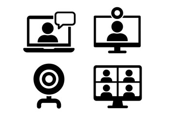 Webinar and Video Conference Icon Set, Black Silhouettes of Online Meeting Symbols including Laptop Chat, Desktop Webcam, and Group Video Call, Isolated on White Transparent Background