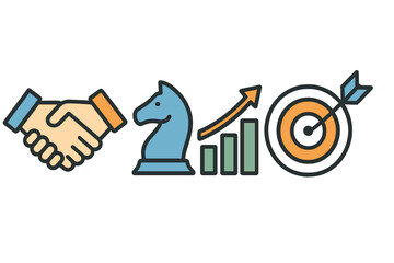Win-win business handshake, strategic planning, growth chart, chess strategy icon, target achievement, marketing success concept vector illustration
