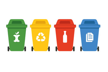 Waste segregation and recycling bins set with distinct trash symbols. Garbage sorting containers for eco-friendly disposal of organic, plastic, glass, and paper waste. Vector illustration.