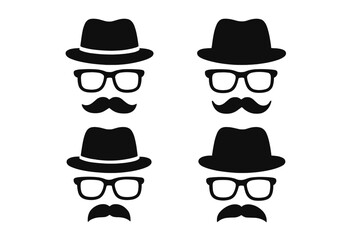 Gentleman icon set. Man with glasses, fedora hat, and mustache silhouette. Vector collection for anonymous, incognito, detective, or spy concept. Retro hipster face design.