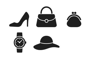 Woman fashion accessories icon set with high heels, handbag, coin purse, wristwatch, and wide-brim hat silhouette in black vector illustration with transparent background elegant feminine style