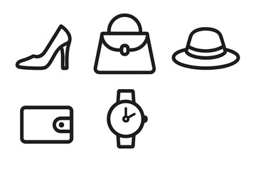 Woman Fashion Accessories Icon Set with Heels, Handbag, Purse, Watch, and Hat Vector Illustration in Minimalist Black Line Design on Transparent Background