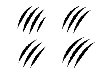 Claw scratches vector set. Animal claw marks illustration. Tiger, bear, lion, or monster attack slash signs. Predator signs isolated. Wild animal rip, tear, damage texture.