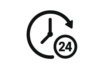 24 hours clock icon vector. Open 24/7 service and support sign. Always available symbol. Around the clock, nonstop customer assistance concept. Time and watch graphic.