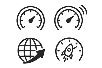 Internet speed icon set. Fast performance meter, speedometer symbol. High speed data transfer, bandwidth, broadband test. Vector network connection, boost rocket illustration.