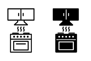 Kitchen icon set in outline and solid glyph style. Vector illustration of cooking appliance, oven, stove, cooker hood, and cabinet symbol. Home furniture and kitchenware concept.