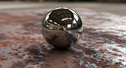 Reflecting sphere showcases industrial setting and rust texture on metal, highlighting contrast and detail in a