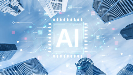 A technical diagram illustrating the core capabilities of Artificial Intelligence. This includes machine learning, robotics, speech recognition, and interactive chatbot technology. Fermion