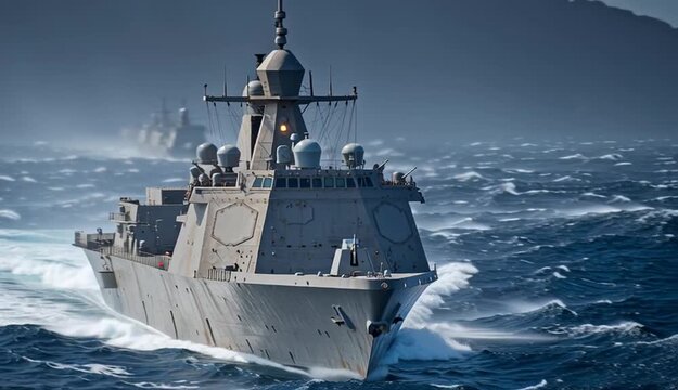 Modern naval destroyer warship sailing through rough blue ocean waters with white foam and waves, advanced stealth frigate with angular superstructure and large radar dome
