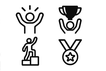 Success and achievement icon set. Vector concepts of winning, victory, and competition. Includes champion with trophy, winner on podium, and award medal for first place.