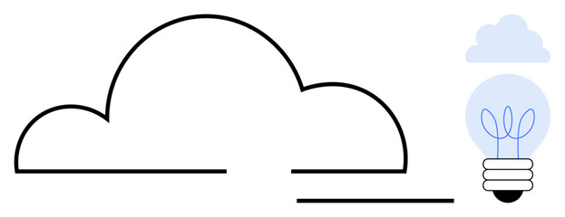 Cloud outline and lightbulb with growing plant inside symbolizing innovation, green energy, and eco-conscious technology. Ideal for sustainability, creativity, technology, environment, energy