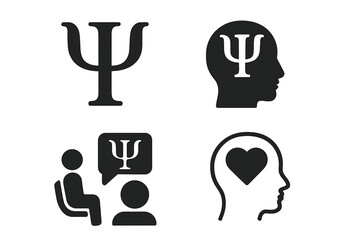 Psychology icon set. Mental health and psychotherapy concept. Psi symbol in head silhouette. Therapy session, counseling, and emotional wellness vector illustration collection.