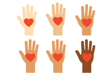 Obraz premium Raised hands with hearts vector set. People with different skin tones. Concept of love, donation, charity, volunteering, support, hope, racial equality, and diversity.